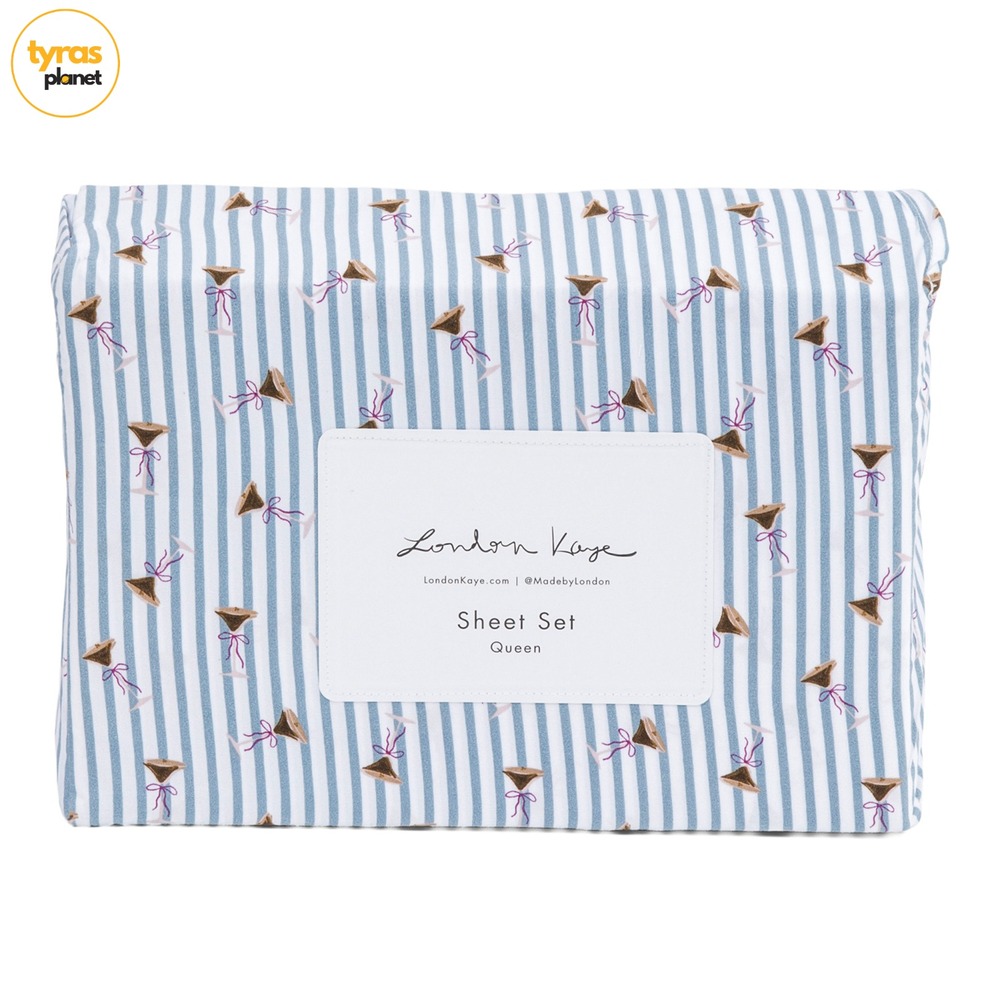 London Kaye Blue Stripe Martini Cafe Queen Sheet Set 4pc Novelty Bedroom Bedding